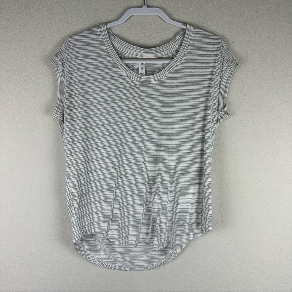 Athleta White Gray Striped Cloudlight Stratus Athleisure Athletic Shirt Small